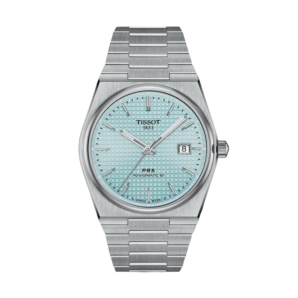 Tissot PRX Powermatic 80 automatic watch with 40mm stainless steel case, light blue waffle dial, and integrated steel bracelet