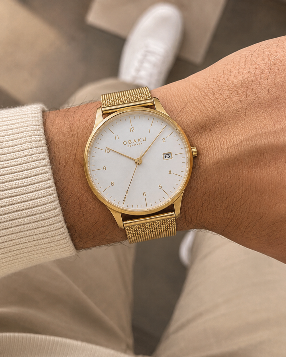 Obaku V298GDGWMG Quartz White Dial Gold-Tone Stainless Steel Mesh Watch (V298GDGWMG)