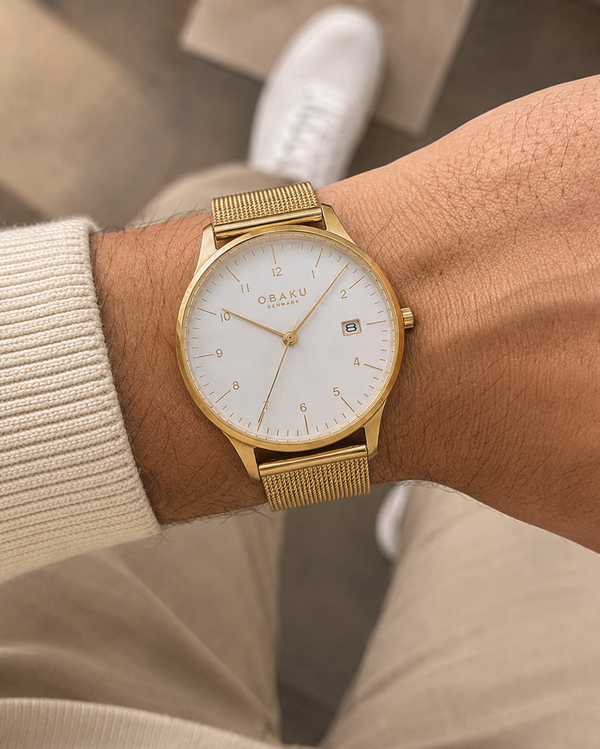 Obaku V298GDGWMG Quartz White Dial Gold-Tone Stainless Steel Mesh Watch (V298GDGWMG)