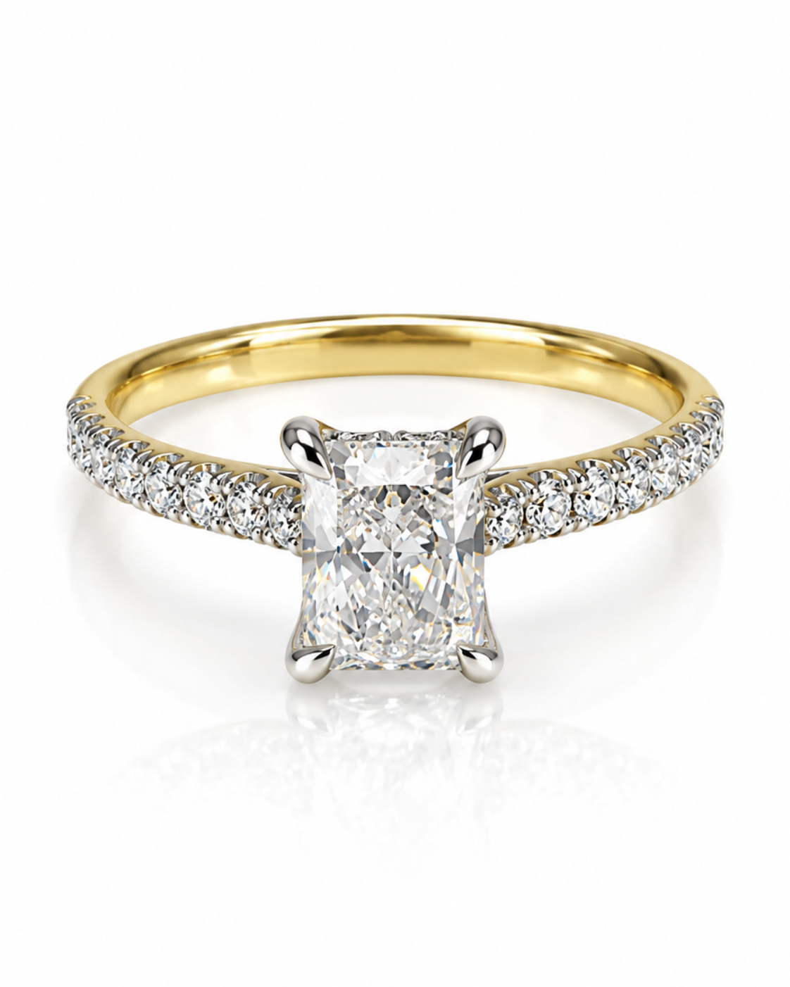 9ct yellow gold engagement ring with 1.3ct radiant cut lab grown diamond and pavé shoulders by Cassims & Co.