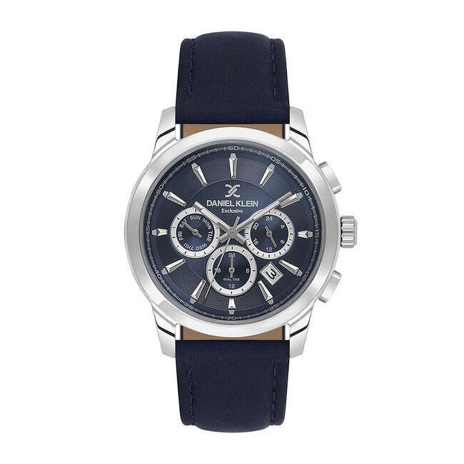 Daniel Klein Exclusive chronograph watch with blue dial, stainless steel case, and navy leather strap, reference DK.1.12614-3