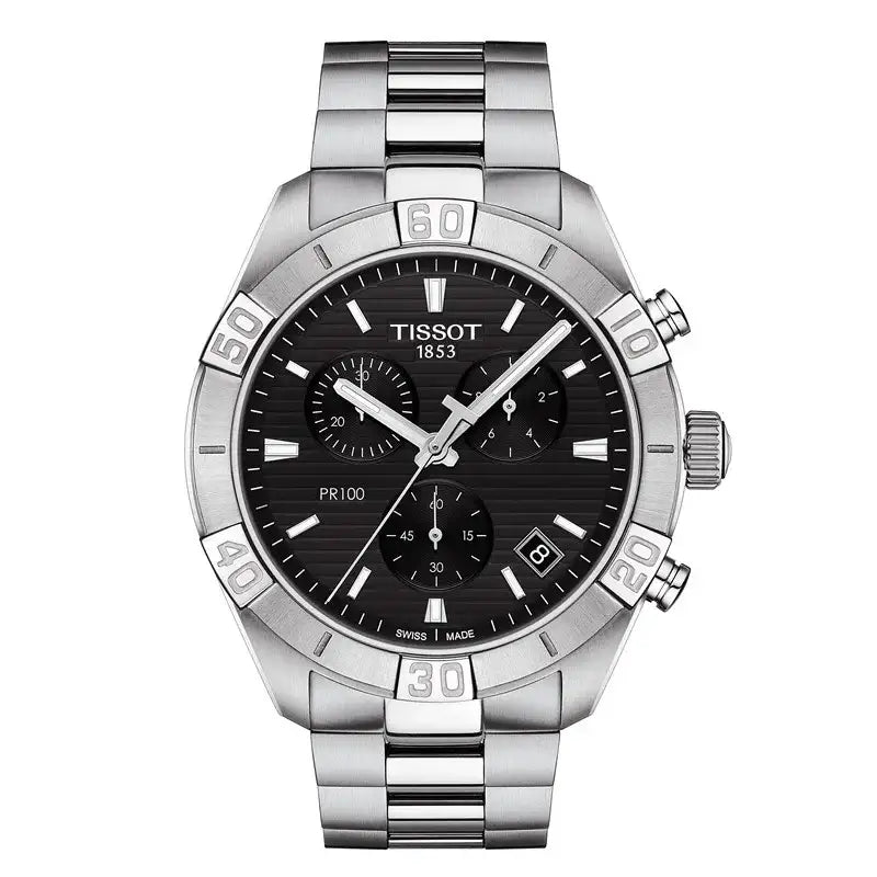 Tissot PR 100 chronograph black dial with guilloché decoration and rotating bezel