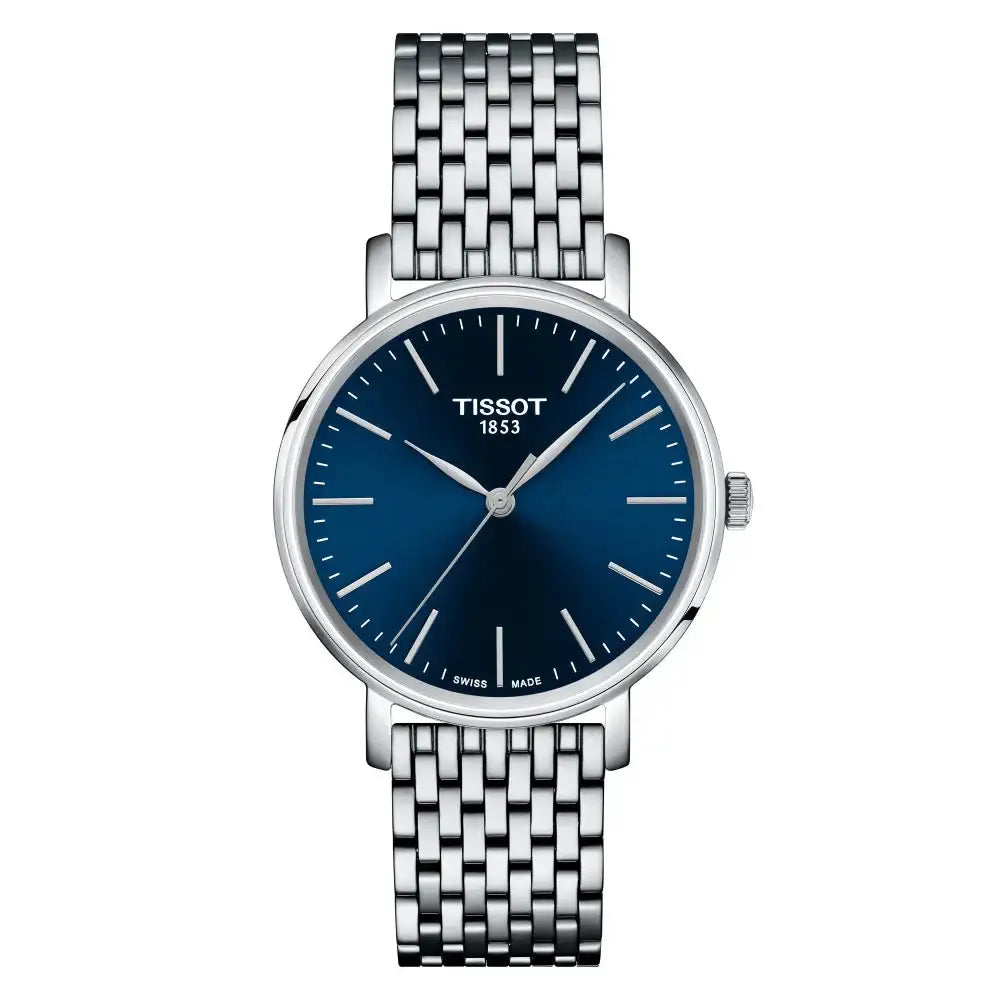 Tissot Everytime 34mm blue sunray dial with baton indices and stainless steel case