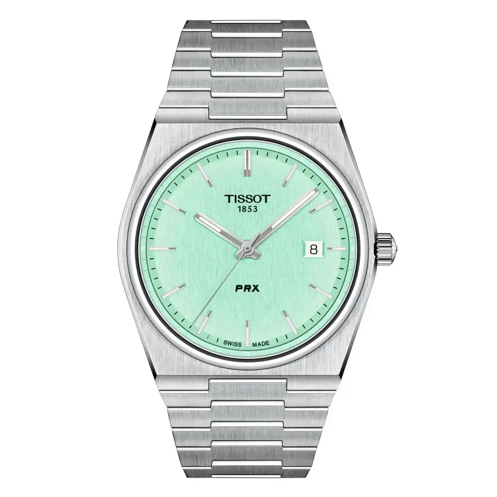 Tissot PRX 40mm green sunburst dial with applied baton indices and date window