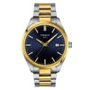 Tissot PR 100 Quartz (T150.410.22.041.00) in two-tone stainless steel and yellow gold PVD, featuring a blue dial.
