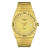 Tissot PRX 40 205 Quartz watch T137.410.33.021.00, showing the 40mm case, integrated gold PVD bracelet, and gold sunray dial.
