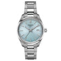 Tissot PR 100 Swiss quartz watch with ice blue sunray dial, 34mm stainless steel case and integrated bracelet, reference T150.210.11.351.00