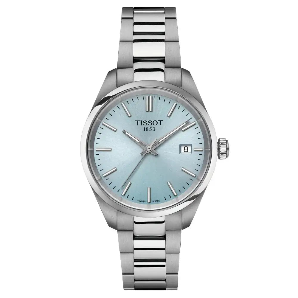 Tissot PR 100 Swiss quartz watch with ice blue sunray dial, 34mm stainless steel case and integrated bracelet, reference T150.210.11.351.00