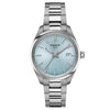 Tissot PR 100 Swiss quartz watch with ice blue sunray dial, 34mm stainless steel case and integrated bracelet, reference T150.210.11.351.00
