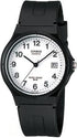 Casio MW 59-7B watch with white dial, Arabic numerals and black resin strap