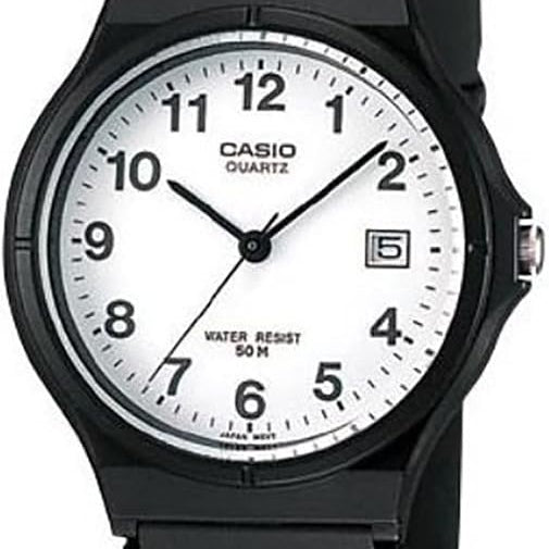 Casio MW 59-7B watch with white dial, Arabic numerals and black resin strap