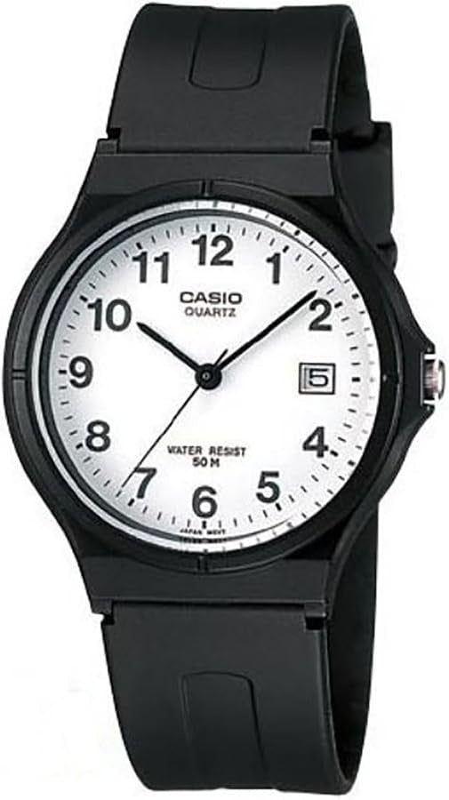 Casio MW 59-7B watch with white dial, Arabic numerals and black resin strap