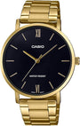 Casio MTP-VT01G-1B quartz dress watch with black dial, Roman numerals, and gold-tone stainless steel case and bracelet