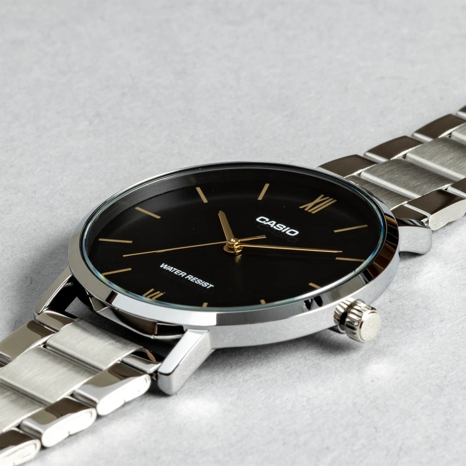 Casio MTP-VT01D-1B Quartz Black Dial Gold Index Stainless Steel Watch