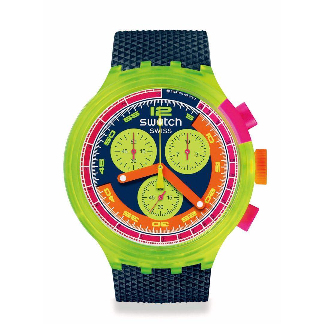 Swatch Neon To The Max with blue dial and lime-green sub-dials