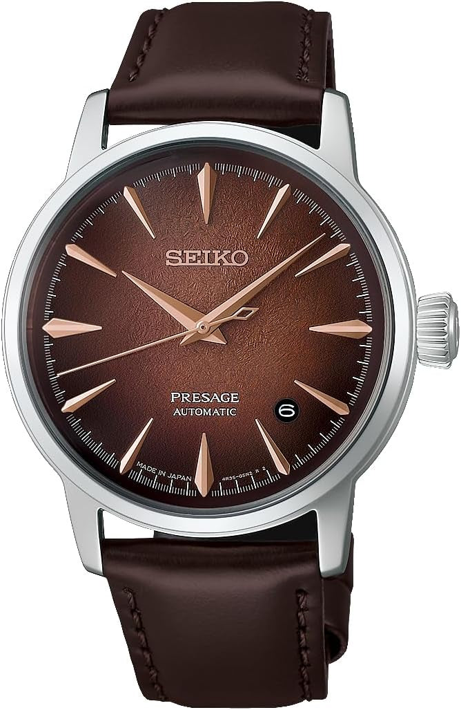 Seiko Presage HCB003J1 Cocktail Time automatic watch with brown sunburst dial, rose gold-tone hands and indices, stainless steel case, and brown leather strap