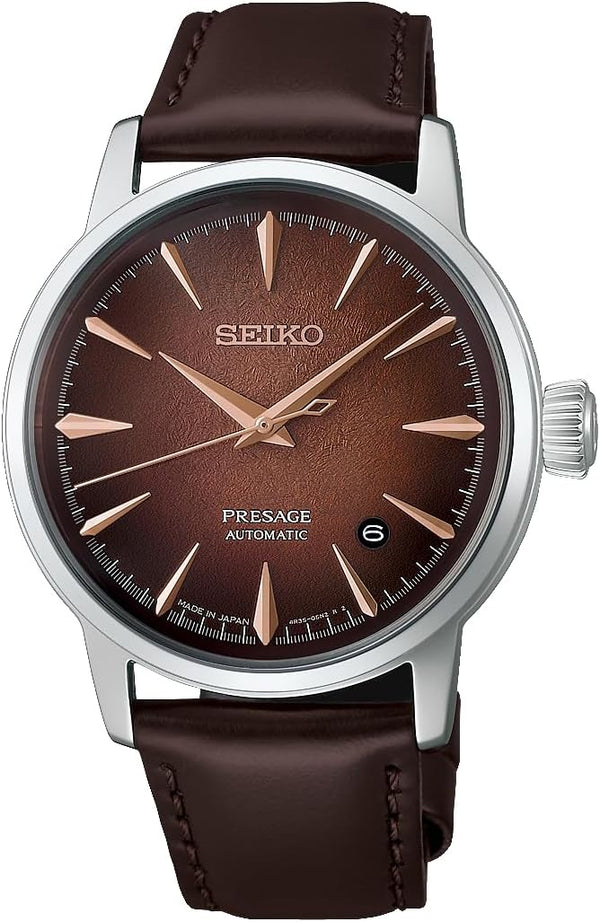 Seiko Presage HCB003J1 Cocktail Time automatic watch with brown sunburst dial, rose gold-tone hands and indices, stainless steel case, and brown leather strap