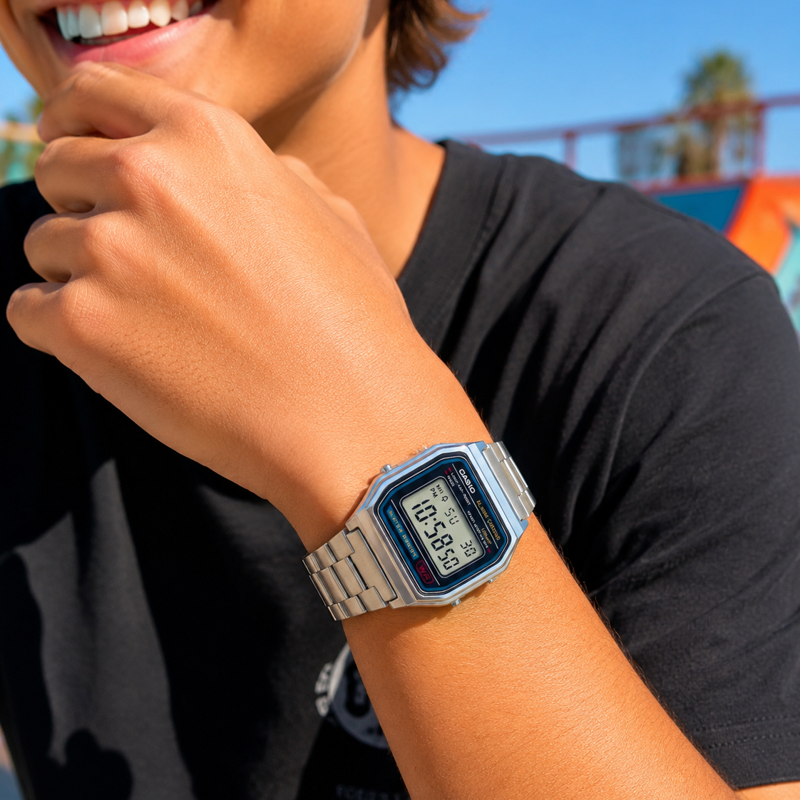 Close view of the LCD display with blue border and Alarm Chrono printing