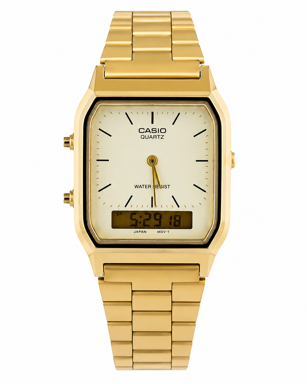 Casio AQ-230GA-9DMQ Retro Analog-Digital Quartz Gold-Tone Stainless Steel Watch