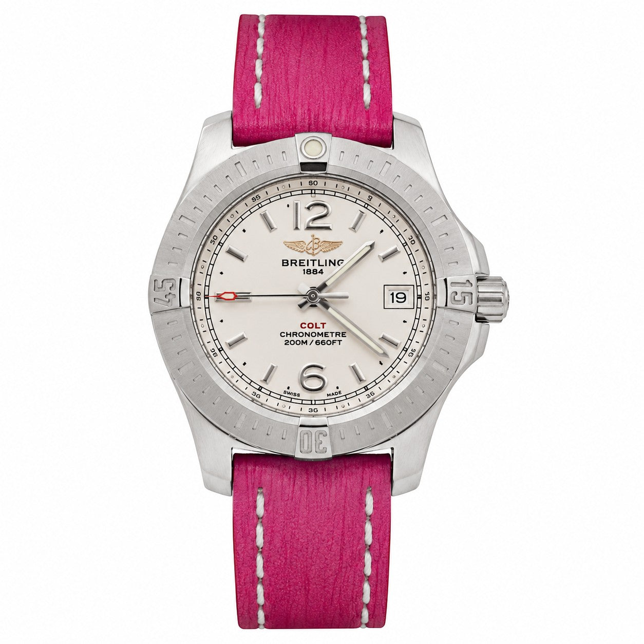 Pre-owned Breitling Colt Lady A77388 stainless steel quartz watch with white dial, red logo, date window, unidirectional bezel, and pink Sahara leather strap with white stitching