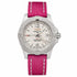 Pre-owned Breitling Colt Lady A77388 stainless steel quartz watch with white dial, red logo, date window, unidirectional bezel, and pink Sahara leather strap with white stitching