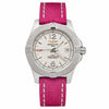 Pre-owned Breitling Colt Lady A77388 stainless steel quartz watch with white dial, red logo, date window, unidirectional bezel, and pink Sahara leather strap with white stitching