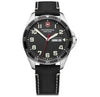 Victorinox Field Force 241846 Swiss quartz watch with 42mm stainless steel case, black dial, day-date display, and black leather strap with contrast stitching