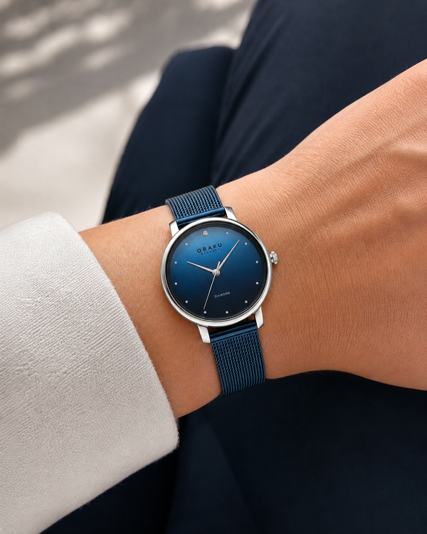 Obaku Denmark V320LXCZML Quartz Blue Dial Diamond Accent Steel Mesh Watch (V320LXCZML-DL)