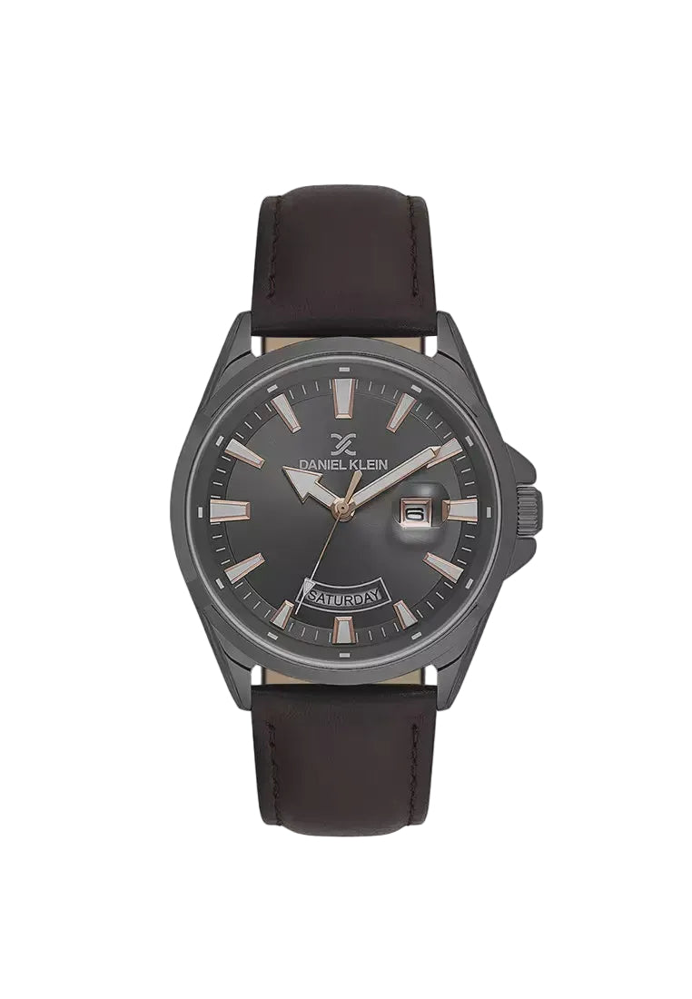 Daniel Klein DK614038-4 gunmetal quartz watch with grey dial, day-date display, rose gold indices, and brown leather strap