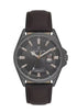 Daniel Klein DK614038-4 gunmetal quartz watch with grey dial, day-date display, rose gold indices, and brown leather strap