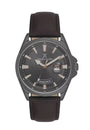 Daniel Klein DK614038-4 gunmetal quartz watch with grey dial, day-date display, rose gold indices, and brown leather strap