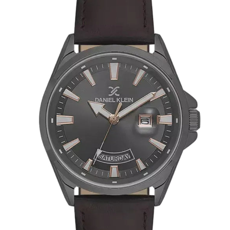 Daniel Klein DK614038-4 gunmetal quartz watch with grey dial, day-date display, rose gold indices, and brown leather strap