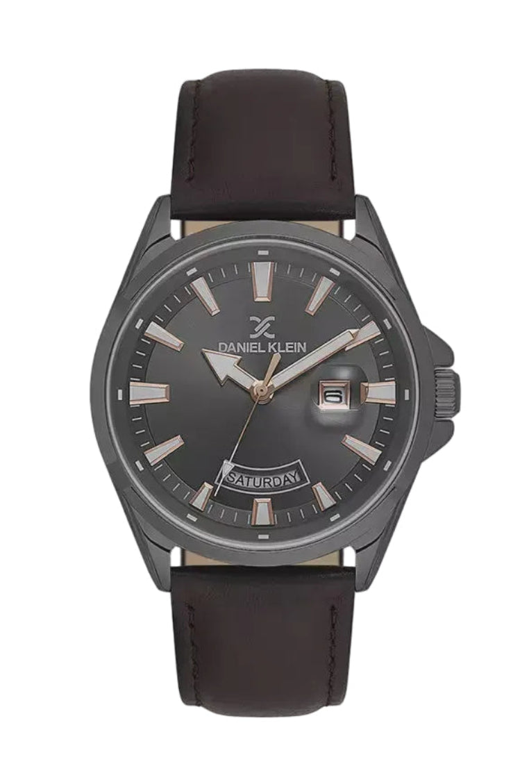 Daniel Klein DK614038-4 gunmetal quartz watch with grey dial, day-date display, rose gold indices, and brown leather strap