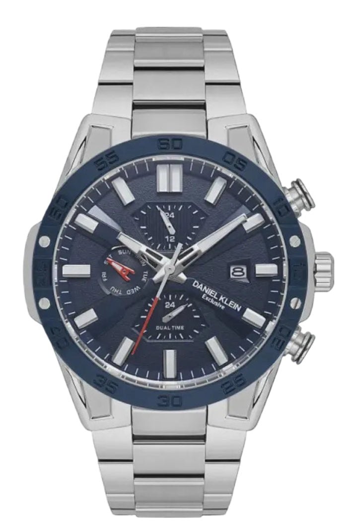 Daniel Klein Exclusive DK.1.13974-2 men's quartz watch with blue dial, blue bezel, dual time multifunction display, and stainless steel bracelet
