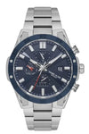 Daniel Klein Exclusive DK.1.13974-2 men's quartz watch with blue dial, blue bezel, dual time multifunction display, and stainless steel bracelet