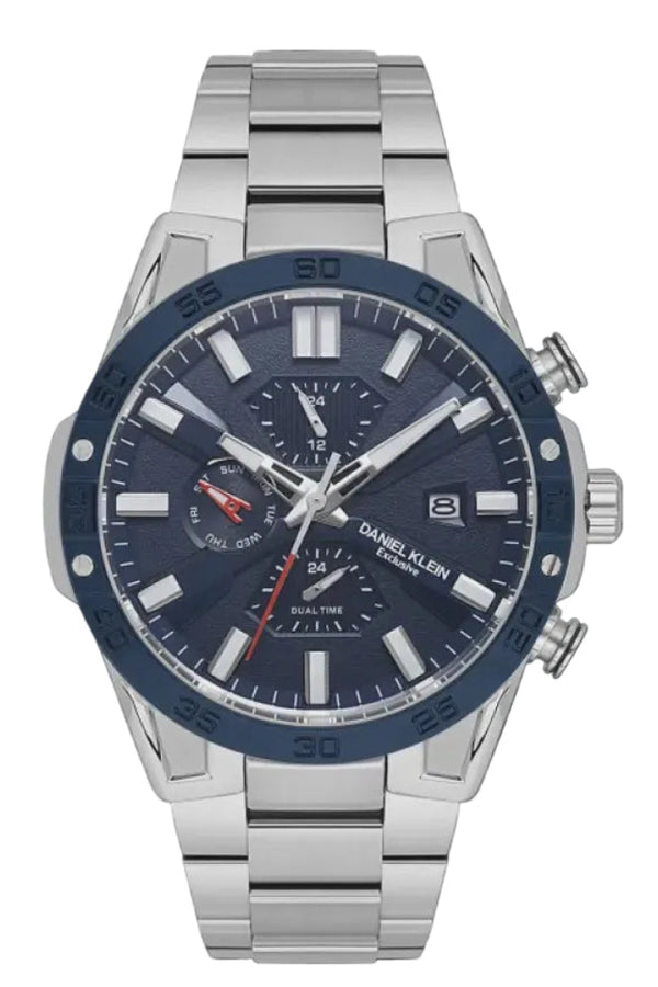 Daniel Klein Exclusive DK.1.13974-2 men's quartz watch with blue dial, blue bezel, dual time multifunction display, and stainless steel bracelet