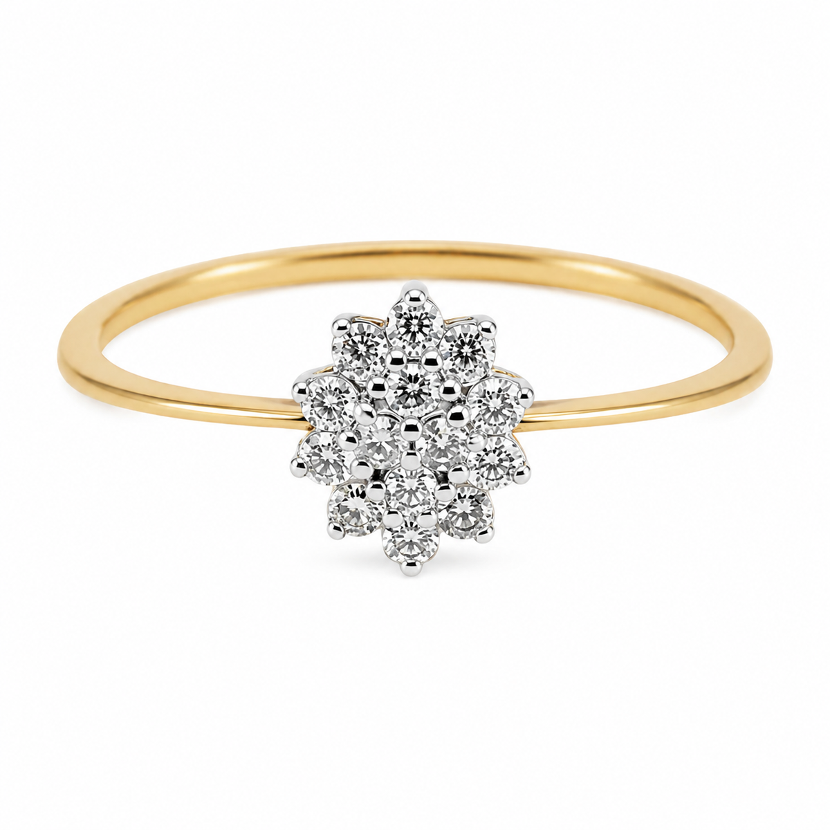 9ct yellow gold diamond flower cluster engagement ring with round brilliant diamonds in white gold setting