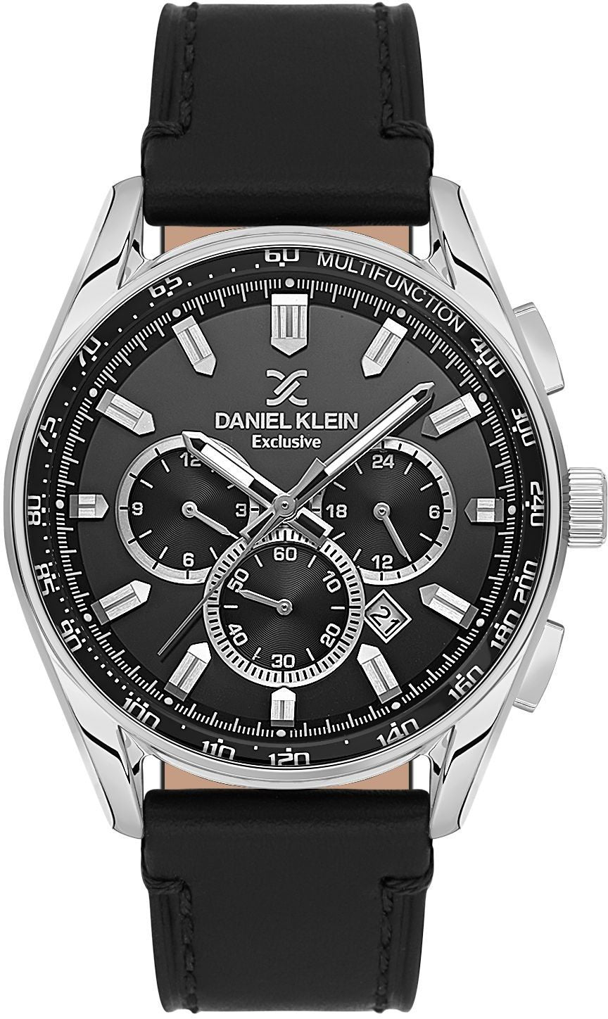 Daniel Klein Exclusive DK113902-1 multifunction chronograph watch with black dial, stainless steel case, and leather strap