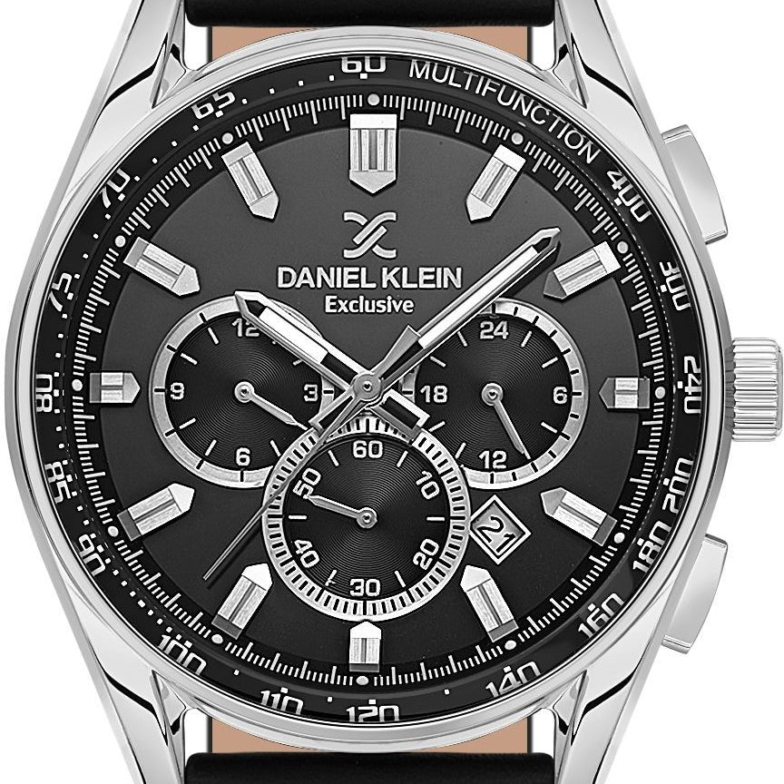 Daniel Klein Exclusive DK113902-1 multifunction chronograph watch with black dial, stainless steel case, and leather strap