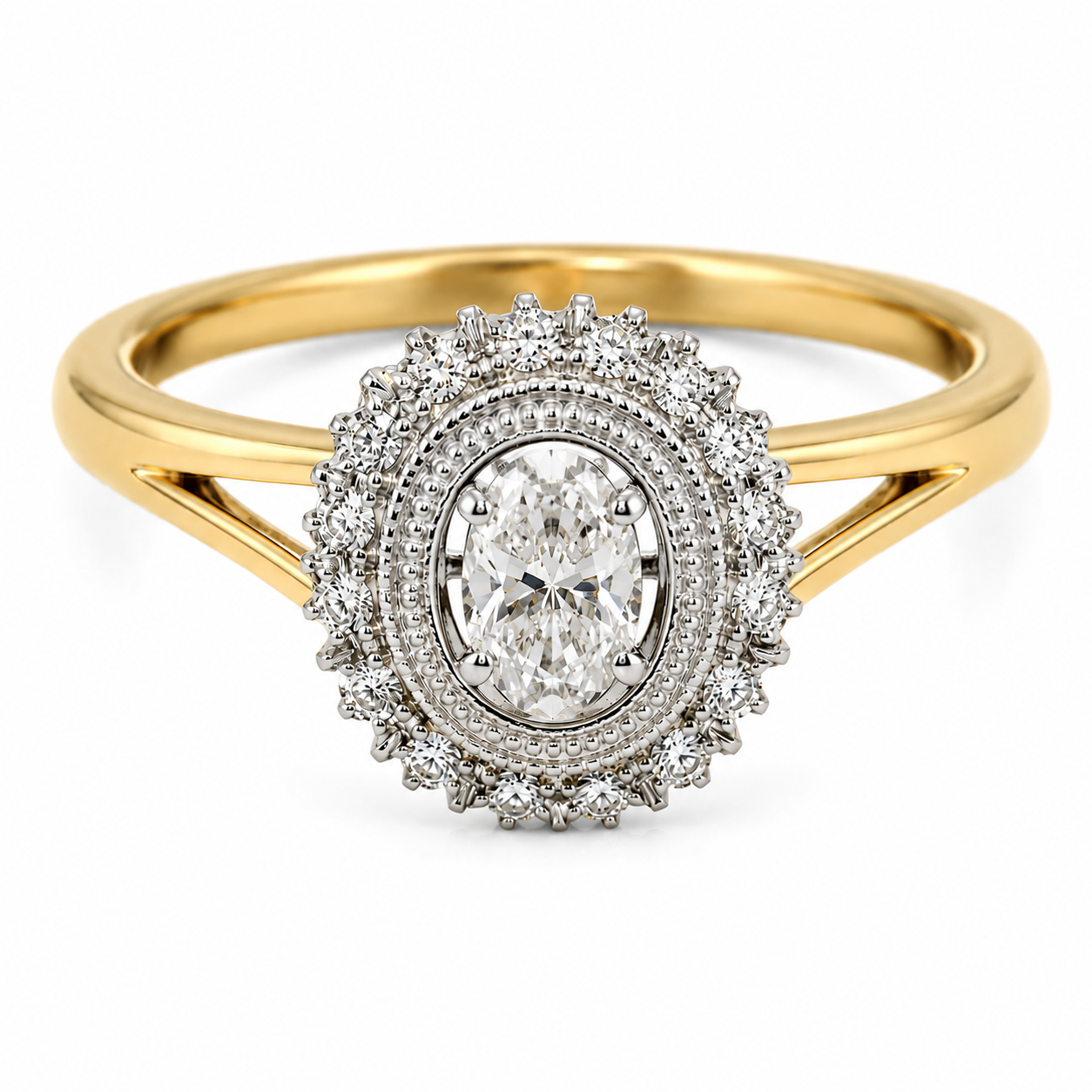 9ct yellow gold oval diamond double halo engagement ring with split shank by Cassim & Co Johannesburg