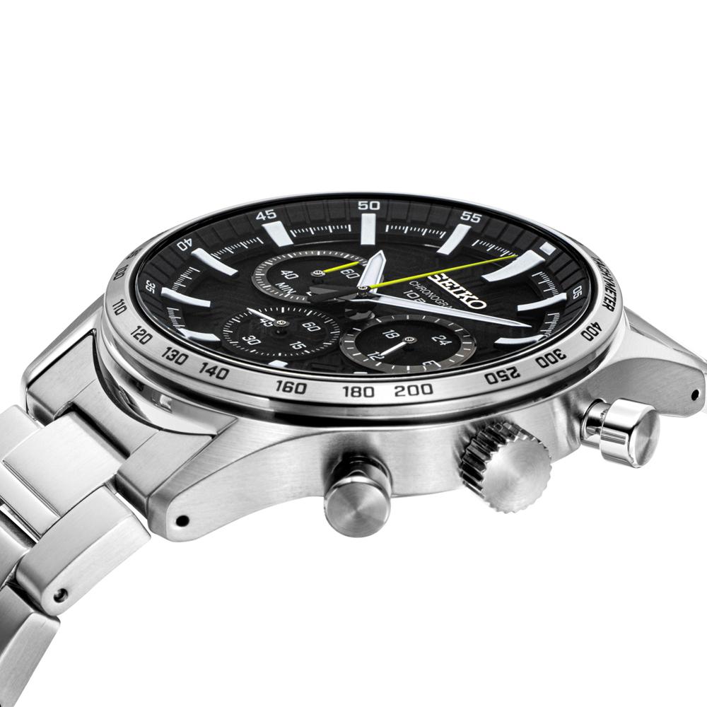 Seiko Quartz Chronograph 43mm Black Dial Steel Bracelet Watch (SSB413P1)