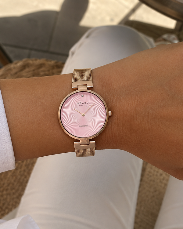 Obaku Diamant Peony Quartz Pink Diamond Dial Rose Gold Mesh Watch 32mm (V256LXVPMV)