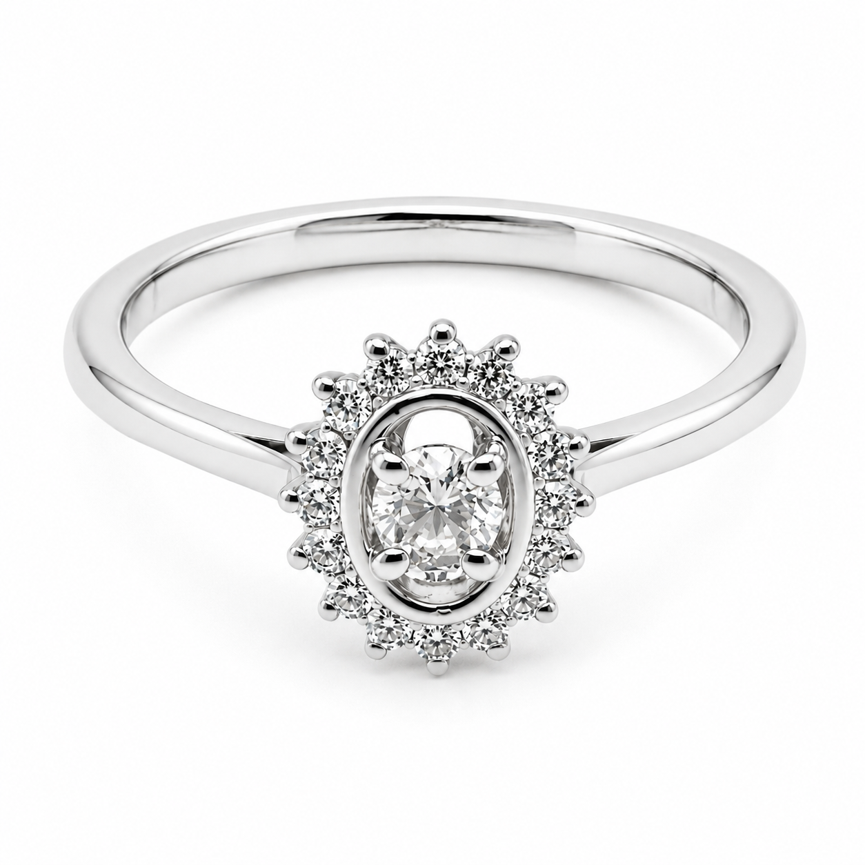 9ct white gold oval cluster diamond engagement ring with halo setting and brilliant cut diamonds
