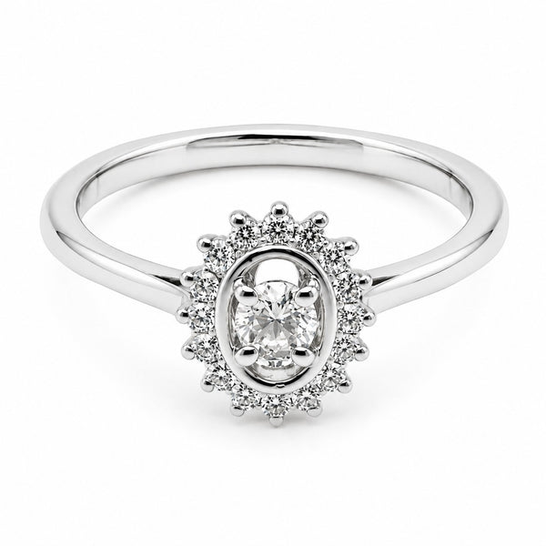9ct white gold oval cluster diamond engagement ring with halo setting and brilliant cut diamonds