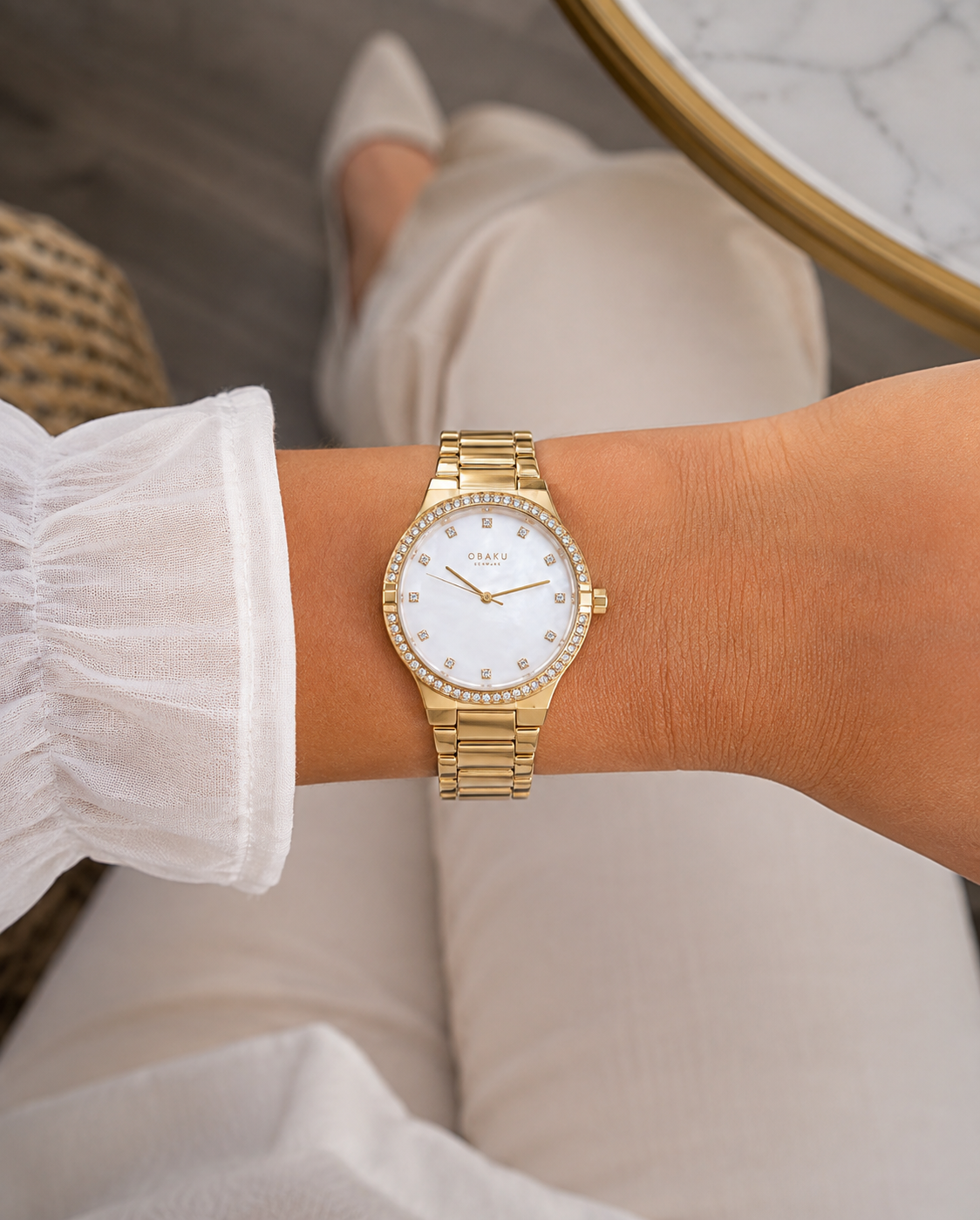 Obaku V317LEGWSG Quartz White Dial Gold-Plated Stainless Steel Watch 32mm