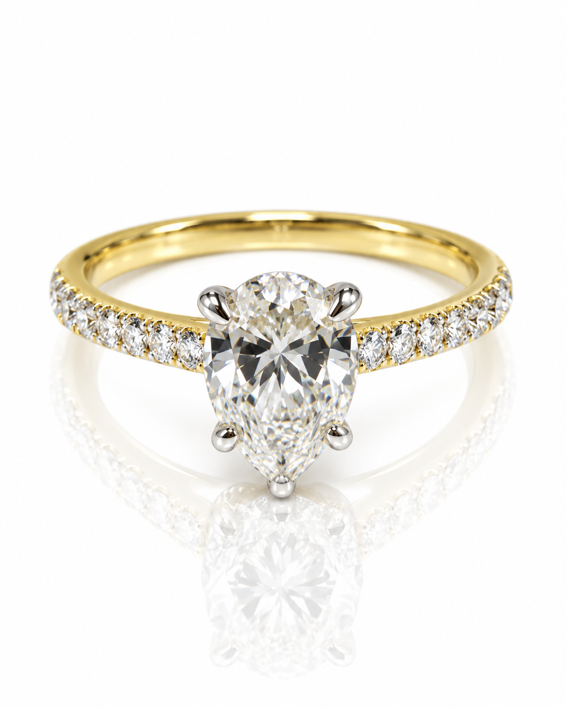 9ct yellow gold engagement ring with 1.30ct pear lab grown diamond and pavé diamond shoulders by Cassims & Co.