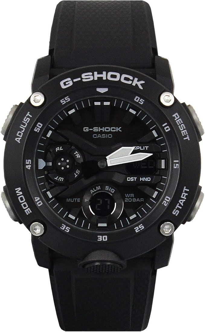 Casio G-Shock GA-2000S-1A black carbon core guard analog-digital quartz watch with resin strap on white background