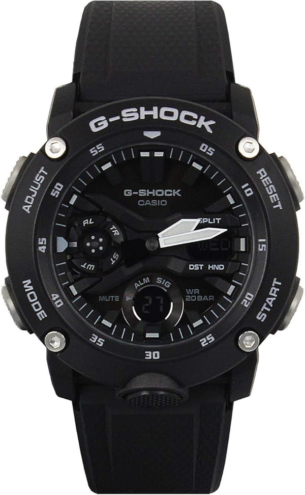 Casio G-Shock GA-2000S-1A black carbon core guard analog-digital quartz watch with resin strap on white background