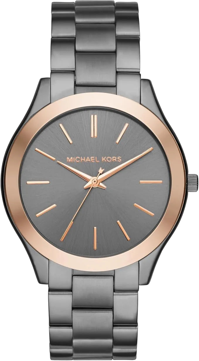 Michael Kors Slim Runway MK8576 men's watch with grey sunray dial, gunmetal stainless steel case and bracelet with rose gold-tone bezel and indices