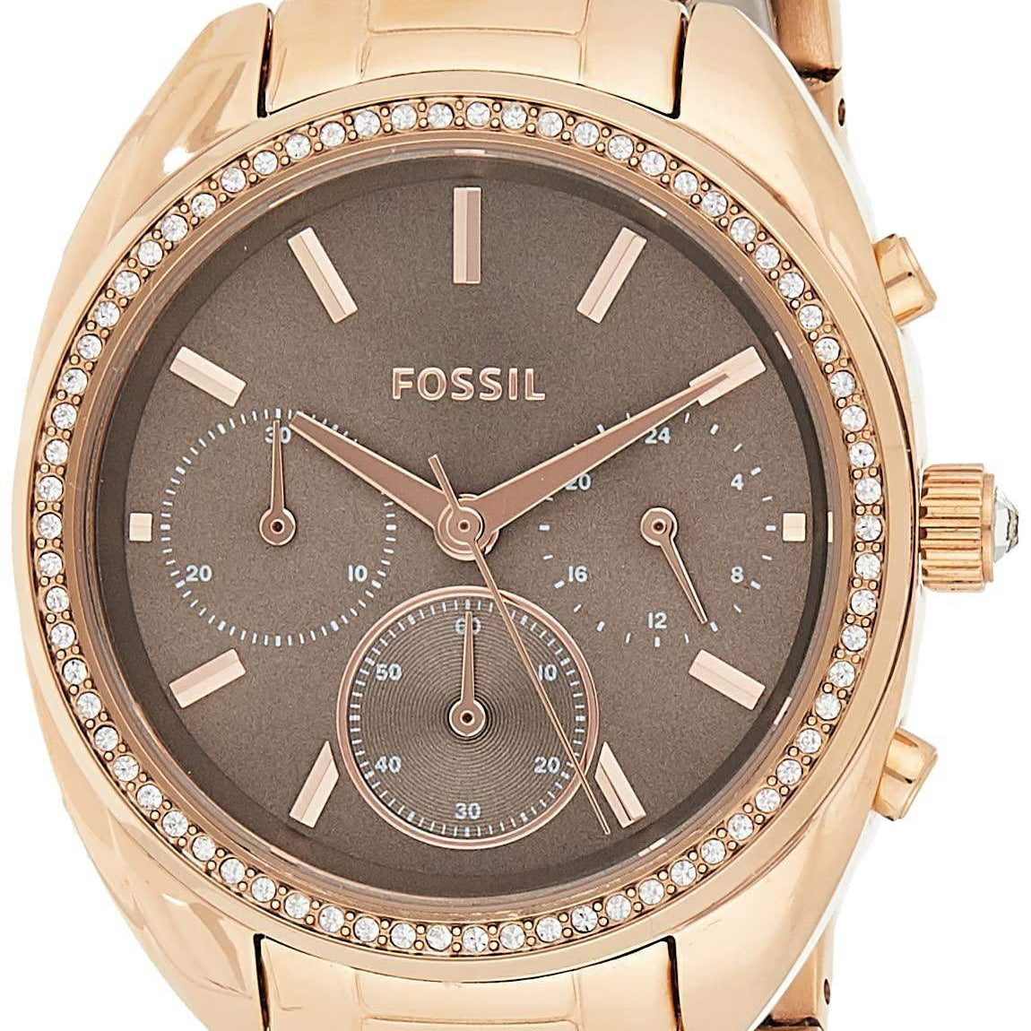 Fossil Vale Sport BQ3659 rose gold-tone chronograph watch with grey sunray dial and crystal-set bezel on stainless steel bracelet
